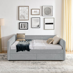 English Elm Daybed With Trundle - Stylish Upholstered Queen Sofa Bed In Grey Boucle With Storage Drawers W1413S00073