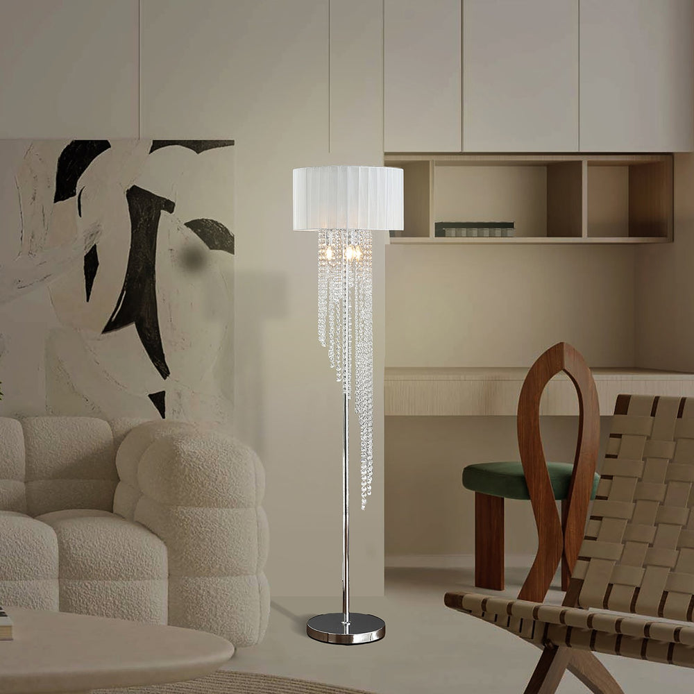 English Elm 65.75"H Sheer White Drum Shade Floor Lamp with Cascade Crystal Raindrops, Chrome Metal Elegance for Living Room Silver+White B072P220160