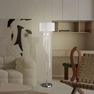 English Elm 65.75"H Sheer White Drum Shade Floor Lamp with Cascade Crystal Raindrops, Chrome Metal Elegance for Living Room Silver+White B072P220160