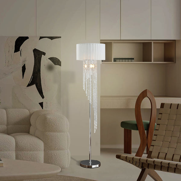 English Elm 65.75"H Sheer White Drum Shade Floor Lamp with Cascade Crystal Raindrops, Chrome Metal Elegance for Living Room Silver+White B072P220160