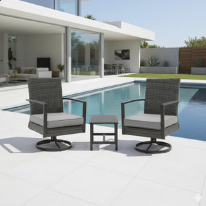 English Elm 3-piece Pe Rattan Swivel Rocker Bistro Set with Cushions for Balconies and Patios B082S00069