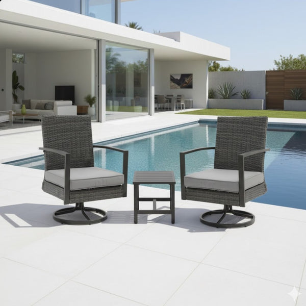 English Elm 3-piece Pe Rattan Swivel Rocker Bistro Set with Cushions for Balconies and Patios B082S00069