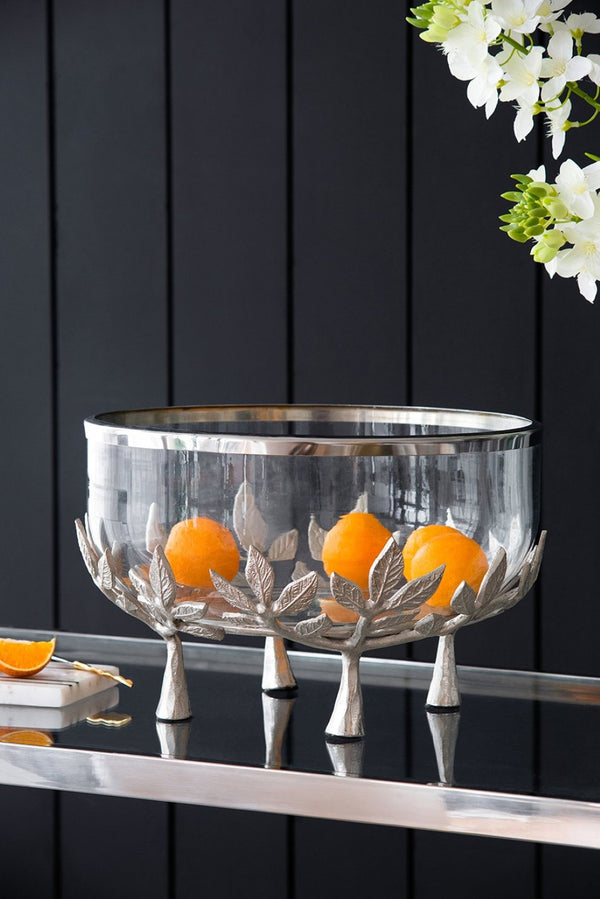 English Elm 13.4x13.4x8.7" Silver Glass Bowl with Floral Cast Aluminum Legs for Elegant Display W2078P490405