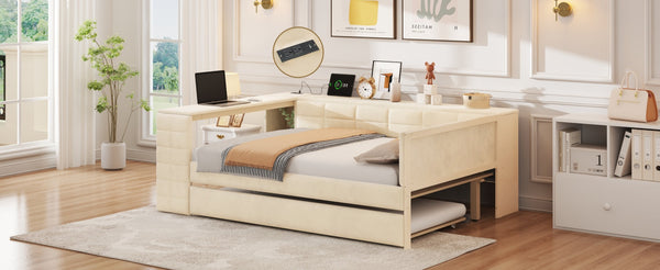 English Elm Full Size Upholstered Platform Bed With Desk, Usb Charging, Trundle & Storage Shelves In Beige Velvet N7090000604A