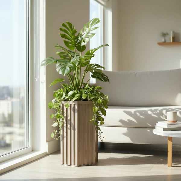 English Elm Hexagon Column Aluminum Outdoor Planter Geometric Architectural Patio Entryway Accent Ash Brown B2755P462188