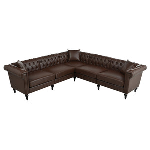 English Elm Sectional tufted Chesterfield sofa with rolled arms and nailhead trim, 5-seat reversible L-shape luxury seating for modern living spaces, durable PU leather upholstery and birch legs Dark Brown W680S00082
