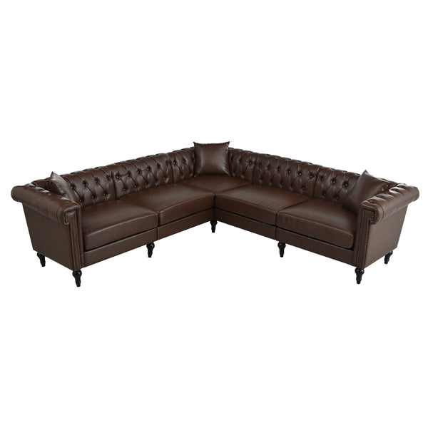 English Elm Sectional tufted Chesterfield sofa with rolled arms and nailhead trim, 5-seat reversible L-shape luxury seating for modern living spaces, durable PU leather upholstery and birch legs Dark Brown W680S00082