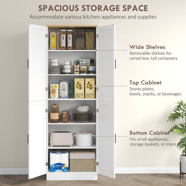 English Elm HOMCOM 67" Freestanding Kitchen Pantry Cabinet with 4 Doors, 6-Tier Adjustable Shelves, Rustic Charm White W2225P249923
