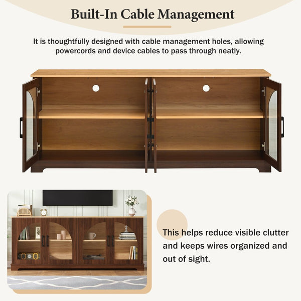 English Elm Farmhouse Media Console with Arched Glass Doors Wood Grain Two Tone Living Room Storage Walnut N721P411204P
