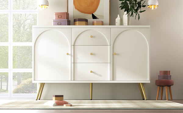 English Elm Metal metal foot three-drawer two-door dining cabinet with wood finish, sturdy metal legs, versatile storage solutions for kitchen, dining, living spaces W2565P248232