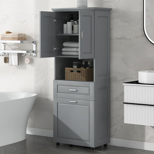 English Elm Tall Bathroom Cabinet with Tilt-Out Laundry Hamper, Adjustable Shelves, Anti-Tip Design & Large Storage Grey WF323481AAE