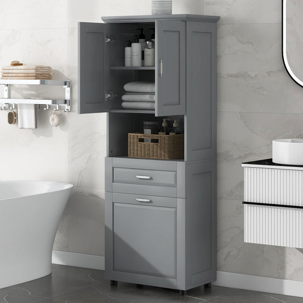 English Elm Tall Bathroom Cabinet with Tilt-Out Laundry Hamper, Adjustable Shelves, Anti-Tip Design & Large Storage Grey WF323481AAE