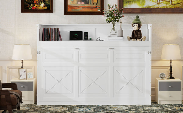 English Elm Twin XL Murphy Bed with Desk, LED Lighting and USB Charging Station — Space-Saving Solid Pine Design White N7090005001W