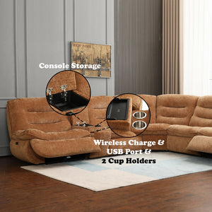 English Elm Emmy Orange Chenille Power Sectional Sofa with Console, USB Type-C/A, Wireless Charge, Zero Gravity Recline B2726S00396