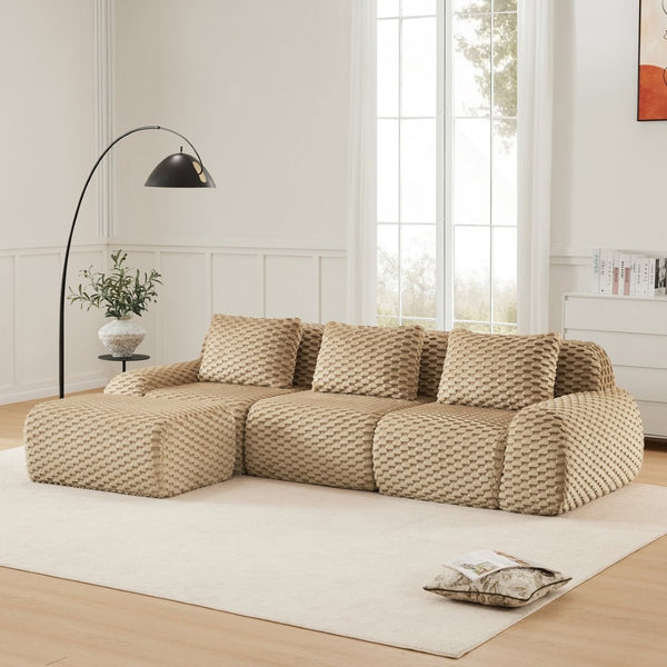 English Elm 114" Modular L-shaped Sectional Flannelette Sofa with Ottoman for Spacious Living Rooms Light Camel W714S01512