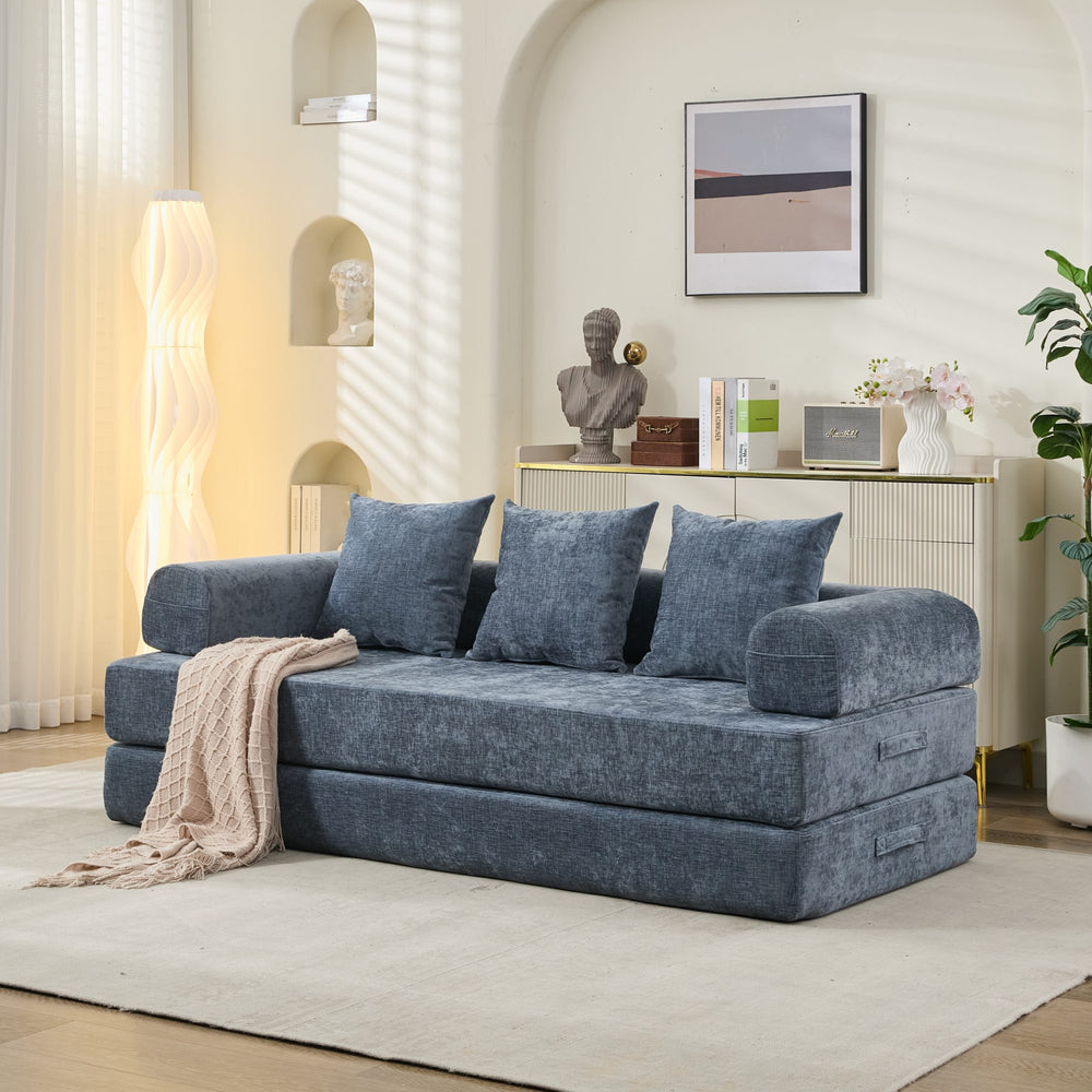 English Elm Comfy Chenille Convertible Folding Mattress Couch Sofa Bed with Armrest, Space-Saving, No Assembly Needed Blue W1143P330252