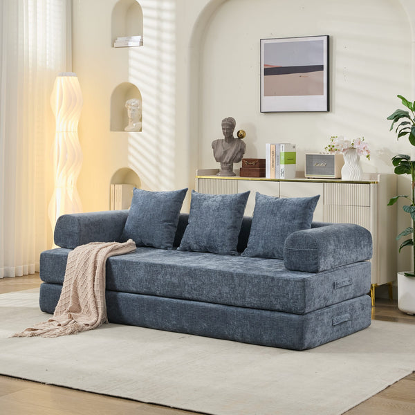 English Elm Comfy Chenille Convertible Folding Mattress Couch Sofa Bed with Armrest, Space-Saving, No Assembly Needed Blue W1143P330252