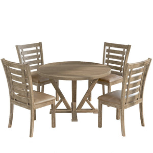 English Elm [5-Piece] Rustic Round Dining Table Set With Upholstered Chairs - Solid Wood, Farmhouse Charm & Comfort W2537S00001-GIGA