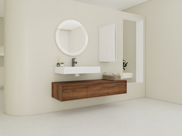 English Elm 60 Inch Wall-Mounted Bathroom Vanity Set With Resin Sink, Soft-Close Drawers, And Side Cabinet Space W999S00284