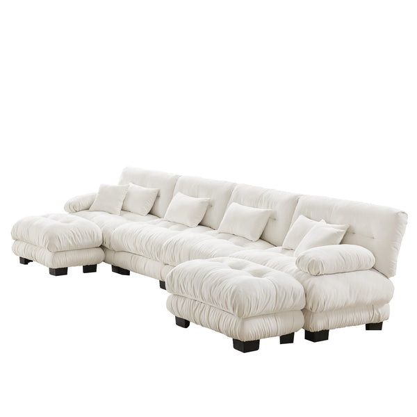 English Elm Free Modular Sectional Sofa – U-Shaped 4-Seater Cloud Couch With 2 Ottomans In Soft Chenille White W714S01006