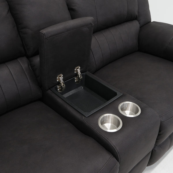 English Elm Wallace & Bay - Black Reclining Console Loveseat - Contemporary Black Licorice Fabric, Easy-Care, Space-Smart Comfort B361P384413