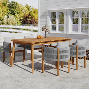 English Elm Christopher Knight Home® - Outdoor Dining Set with Acacia Wood Frames, 63" Slatted Table & 4 Chairs with Waterproof Washable Cushions Grey,Teak N779P269291N_N779P279983G-2