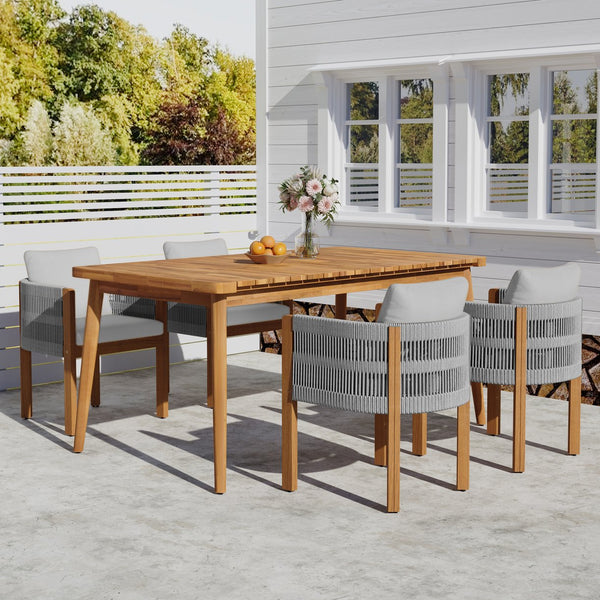 English Elm Christopher Knight Home® - Outdoor Dining Set with Acacia Wood Frames, 63" Slatted Table & 4 Chairs with Waterproof Washable Cushions Grey,Teak N779P269291N_N779P279983G-2