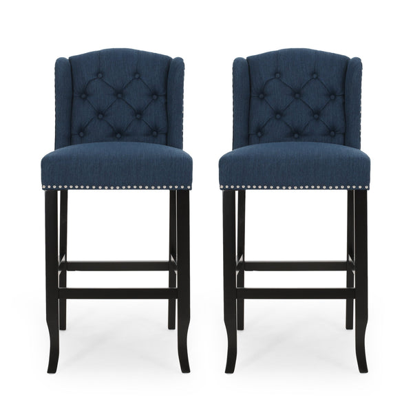 English Elm Christopher Knight Home® - Vienna Tufted Wingback Counter Stools Set of 2 — Button-Tufted Fabric, Nailhead Trim, Rubberwood Frame Navy Blue 64856.00NBLU