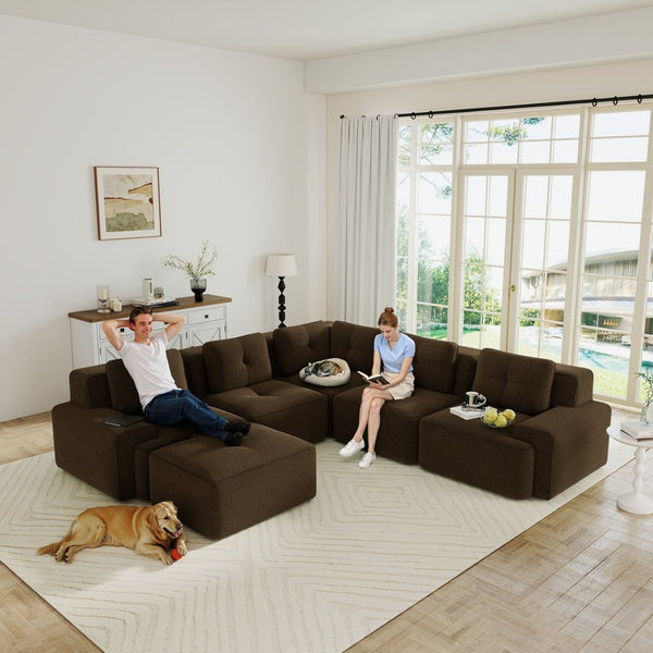 English Elm Modern Corduroy Sectional Sofa Deep Seat V Shape Tufted Couch with Movable Ottoman Brown W714S01576