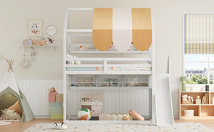 English Elm Full Size Wood Loft Bed with Canopy Slide and Built in Bookshelves for Kids White N7090005021K