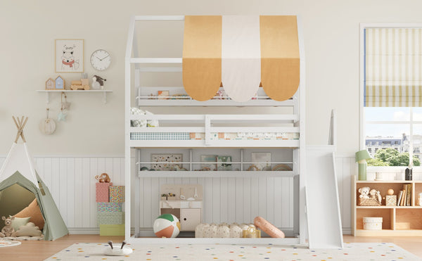 English Elm Full Size Wood Loft Bed with Canopy Slide and Built in Bookshelves for Kids White N7090005021K