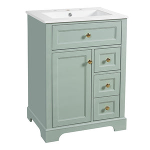 English Elm "24'' 24 Inch Glossy Freestanding Bathroom Vanity with Gold Hardware and Soft Close Storage Green Pinewood N725P375495F