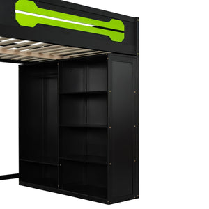 English Elm Full Size Gaming Loft Bed with Rgb Lighting Integrated Desk and Open Wardrobe Green N820S00073F