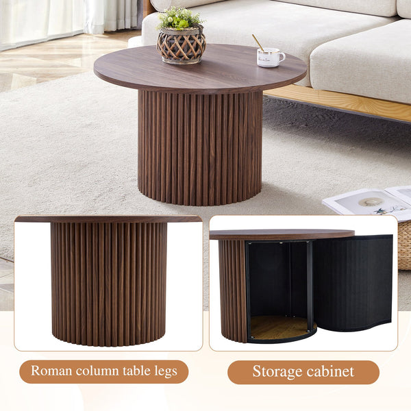 English Elm A modern circular coffee table Walnut 27.5" MDF top with cylindrical Roman legs, hidden storage, vintage flair W1151P270614