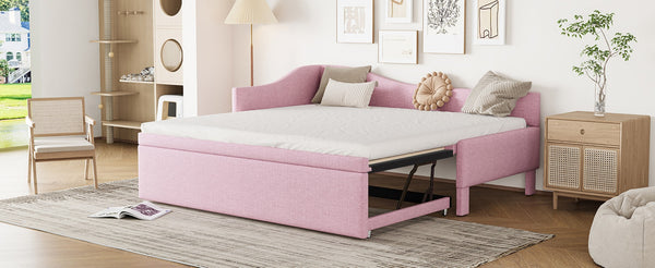 English Elm Twin L-shaped Linen Upholstered Daybed with Hydraulic Pop-up Trundle for Guest Rooms Pink SF000193AAH-1