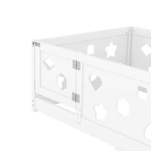 English Elm Twin Floor Bed with Safety Guardrails & Door in White — Solid Poplar Frame, Low Profile, Kids' Cozy Hideaway W1820P240540