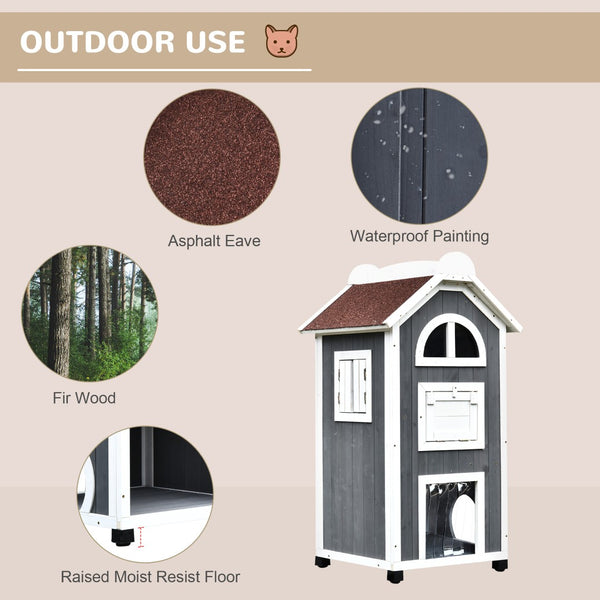 English Elm Cat House Outdoor Three Story Fir Wood Shelter with Hammock and Weatherproof Roof T3971P386401