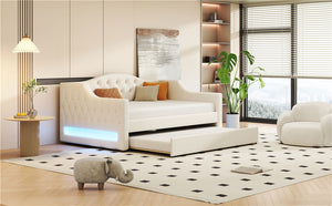 English Elm Upholstered Full XL Daybed with LED Belt and Trundle, Linen Backrest, Modern Silhouette, 450lb Capacity Beige DL002059AAA