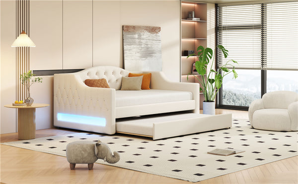 English Elm Upholstered Full XL Daybed with LED Belt and Trundle, Linen Backrest, Modern Silhouette, 450lb Capacity Beige DL002059AAA