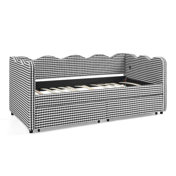 English Elm Twin Gingham Linen Daybed with Wave Silhouette Usb Port and Dual Storage Drawers Black W1413S00145