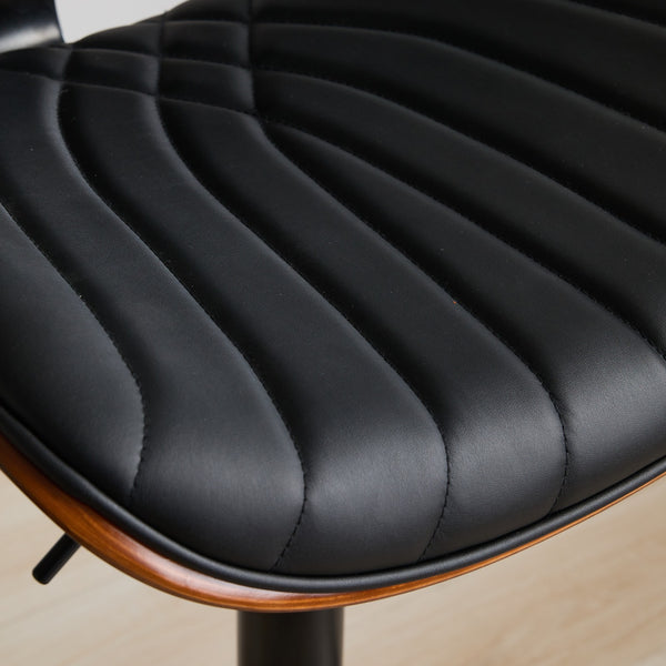 English Elm Walnut Mid-Century Bentwood Swivel Bar Stool with Ergonomic Faux Leather Seat and Wide Stable Base Black PU W1143P173514