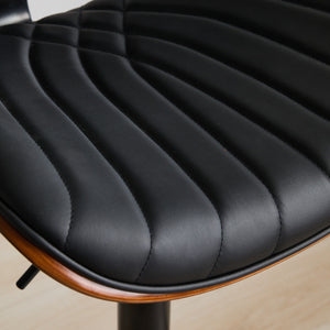 English Elm Walnut Mid-Century Bentwood Swivel Bar Stool — Ergonomic Faux Leather Seat, Wide Stable Base Black PU W1143P173514