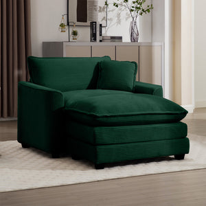 English Elm Comfortable Single Chair With Footstool And Pillow - Luxurious Green Corduroy For Living Spaces W714S00702