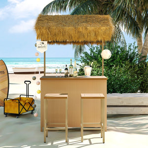 English Elm Go Tropical Tiki Bar Patio Set Acacia Wood Top Pe Wicker Stools with Grass Canopy WF530958AAA