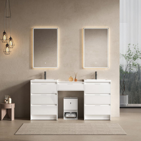 English Elm 72" Freestanding Bathroom Vanity With Resin Sink & Side Cabinet - Modern Glossy White Design, Ample Storage Options W999S00437