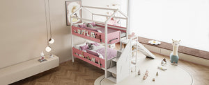 English Elm House-shaped Pine Bunk Bed with Built-in Slide Storage Staircase Twin Over Full Kids Frame White+Pink N820S00082K