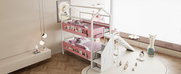 English Elm House-shaped Pine Bunk Bed with Built-in Slide Storage Staircase Twin Over Full Kids Frame White+Pink N820S00082K