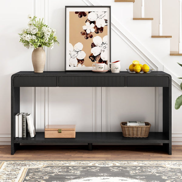 English Elm Christopher Knight Home® - Modern 3-Drawer Console Table with Vertical Slats and Round Edge Design, Solid Wood Veneer, Sleek Entryway Storage Black N760P328544B