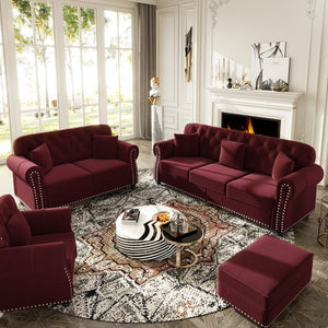 English Elm Upholstered Velvet Chesterfield Sofa Set with Button Tufting Nailhead Trim and Ottoman Burgundy W1885S00390
