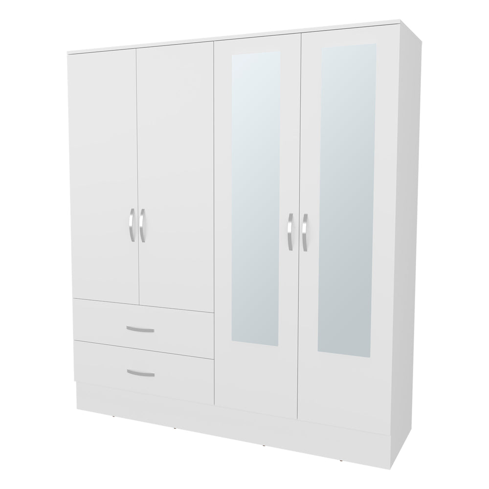 English Elm White Four-Door Wardrobe with Mirrors and Drawers — Spacious Melamine Closet for Organized Living B062S01279